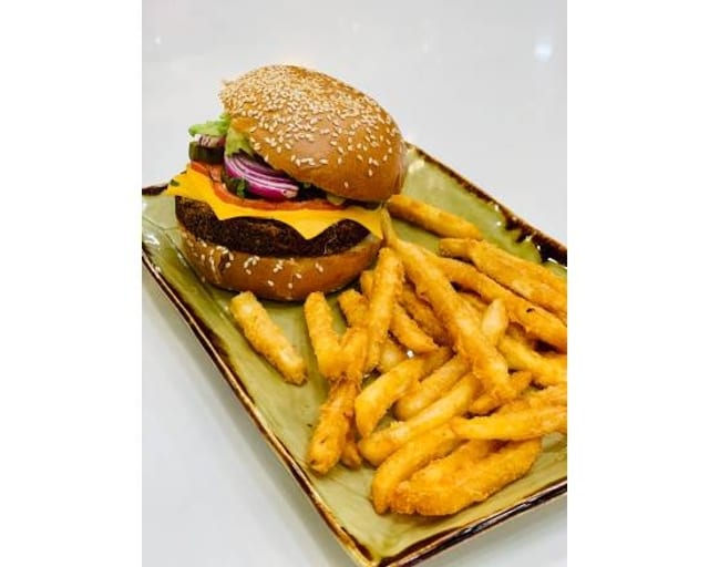 Falafel Burger (Veggie) with Fries.