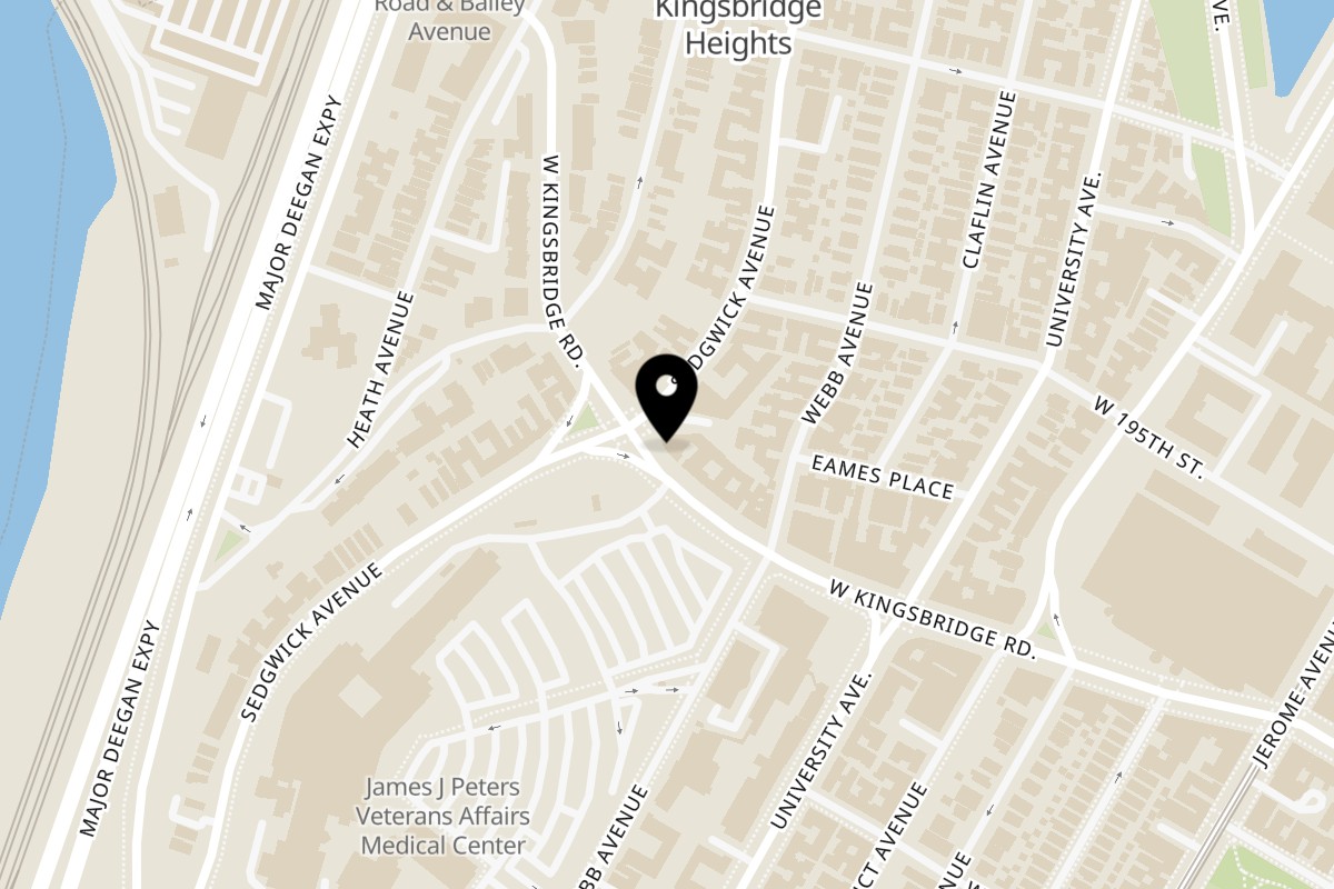 Map showing the location of Mocha Cafe on 145 West Kingsbridge Road in Bronx